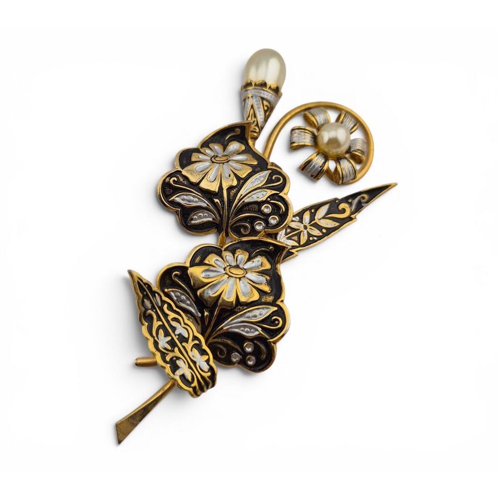 Vintage Black Enamel Faux Pearl Floral Damascene Brooch Gold Silver Tone Large